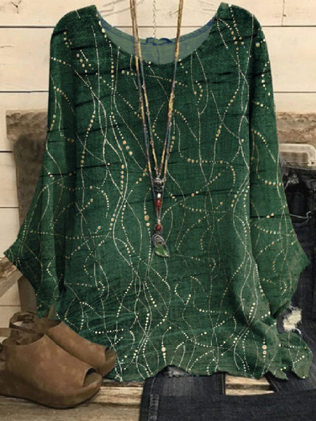 

Loosen Round Neck Shirt & Top, Green, Long sleeve tops