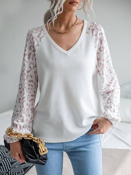 

Leopard Casual V Neck Shirts & Tops, White, Long sleeve tops