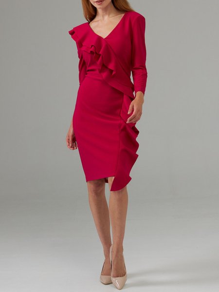 

Slim Fit Elegant V Neck Flouncing Solid Dress, Red, Midi Dresses