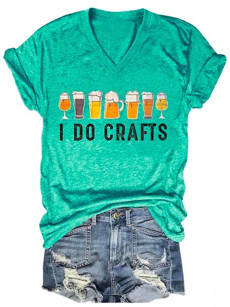 

I Do Crafts Beer Lovers Print V Neck Cotton Blends Short Sleeve T-shirt, Green, T-shirts