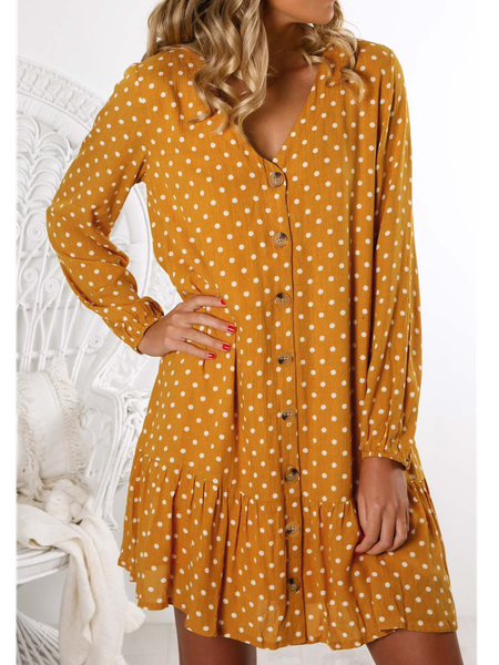 

V Neck Polka Dots Casual Long sleeve Woven Dress, Orange, Mini Dresses