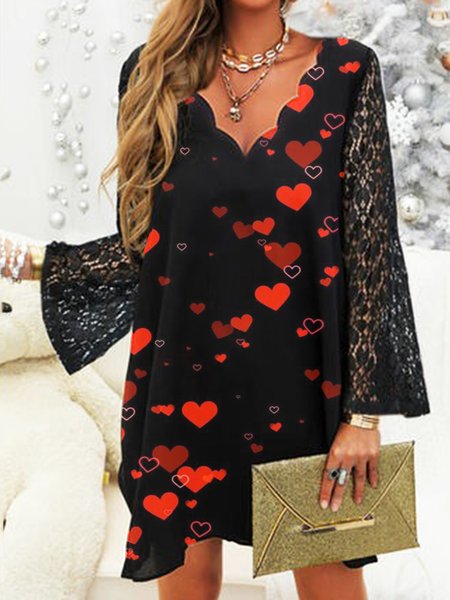 

Love Printed Lace V Neck Casual Loosen Dresses, Black, Mini Dresses