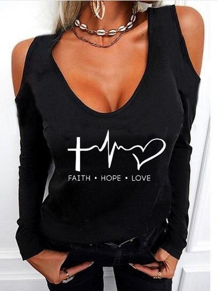 

Sexy Letter V neck Long Sleeve Shirts & Tops, Black, T-Shirts