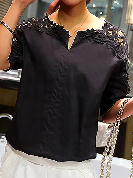 

Lace Half Sleeves Notched Neck Solid Sweet Casual Shirts & Tops, Black, Tops