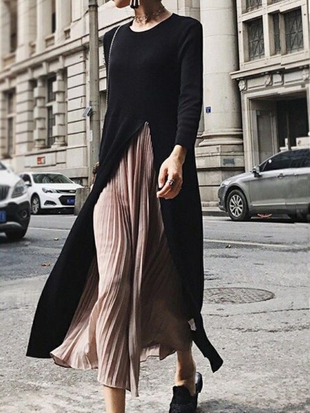 

Loosen Pleated Crew Neck Color Block Patchwork Dress, Black, Maxi Dresses