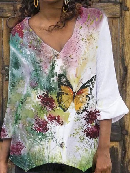 

V Neck Loosen Solid Shirts & Tops, White, Tops