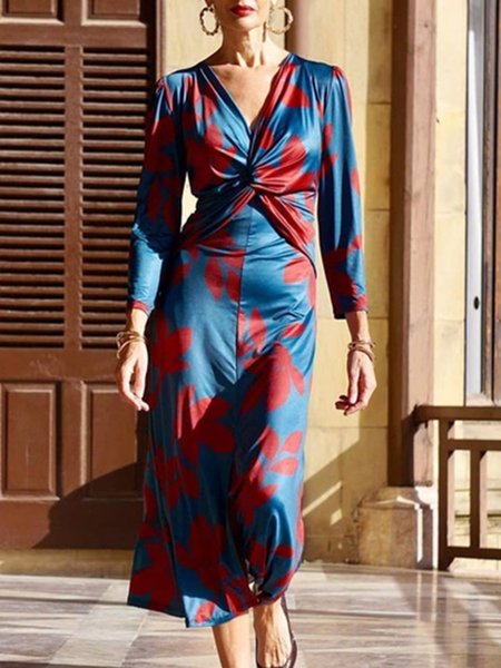 

Elegant V Neck Regular Fit Dress, Blue, Maxi Dresses