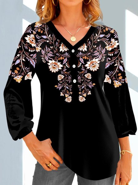 

Floral Casual Cotton Blends Shirts & Tops, Black, Tops
