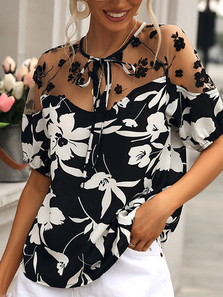 

Lace-Up Crew Neck Floral Short sleeve tops, Black, Tops