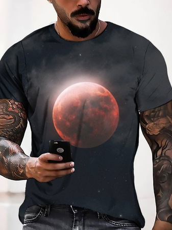 

Casual round neck sci-fi red moon print pullover men's T-shirt, Gray, T-shirt