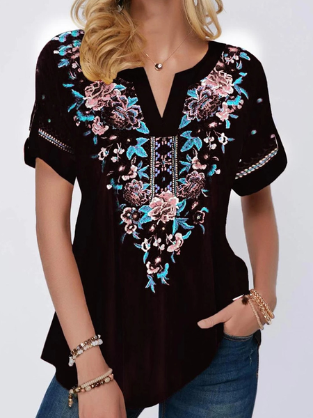 V Neck Casual Short sleeve tops, Black, Tops