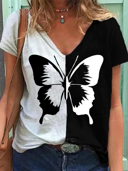 

Black-white Butterfly Print Casual Short Sleeve V-neck Shirts, T-Shirts