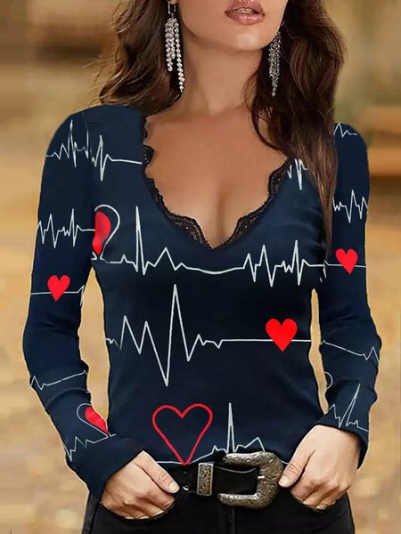 

Love Printed Lace V Neck Casual Shirts & Tops, Dark blue, Tops