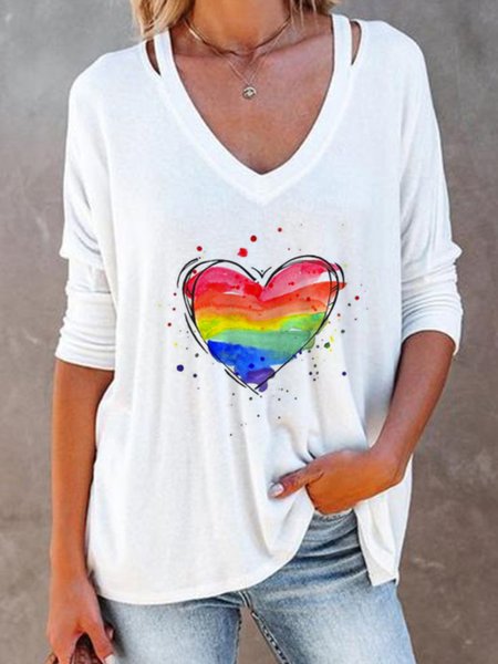 Casual Heart Long Sleeve V Neck Plus Size Printed Tops T-shirts, White, T-Shirts