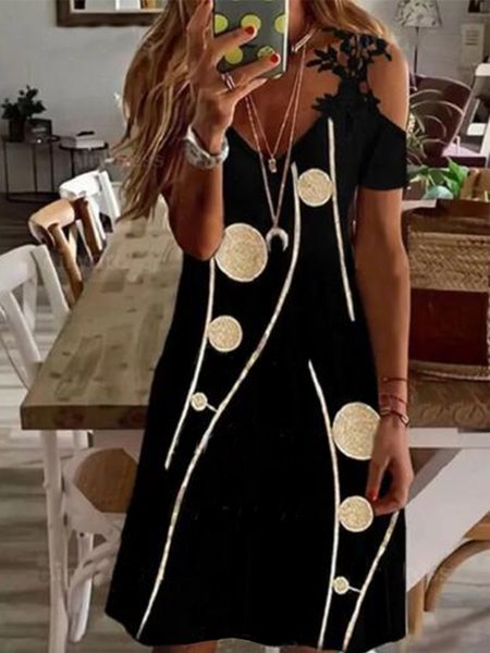 

V Neck Geometric Regular Fit Dresses, Black, Mini Dresses