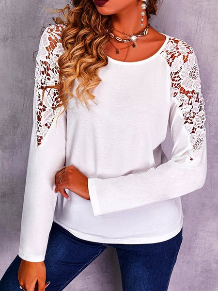 

Loosen Crew Neck Cotton Blends Long Sleeve T-shirt, White, T-Shirts
