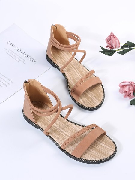 

Boho Woven Striped Zipper Sandals, Brown, Sandals