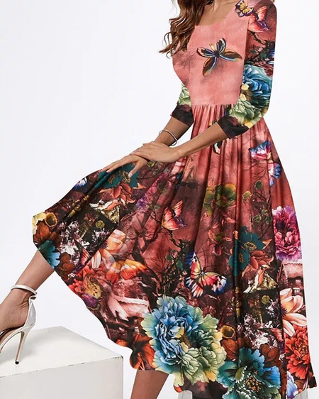 

Crew Neck Vacation Loosen Floral Dresses, Multicolor, Floral Dresses