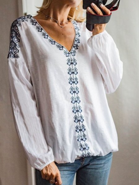 

Plus Size Casual V neck Loosen Long Sleeve Shirts & Tops, White, Tops