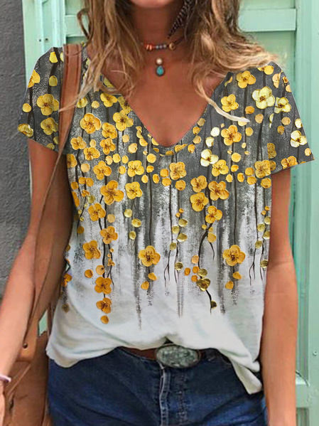 

V Neck Vacation Floral Shirts & Tops, White, Tops