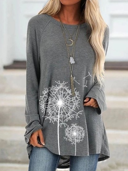 

Casual mid-length round neck dandelion print long-sleeved loose top, Gray, T-Shirts