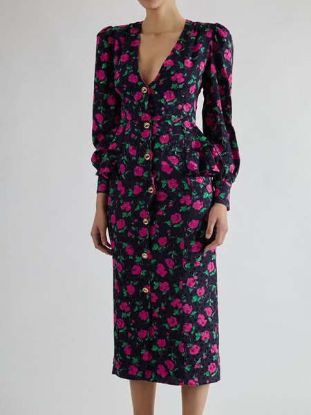 

Floral V neck Elegant Regular Fit Dress, Multicolor, Maxi Dresses