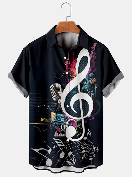 

Mens Music Note Microphone Print Casual Breathable Short Sleeve Hawaiian Shirts, Black, Men's Floral shirt