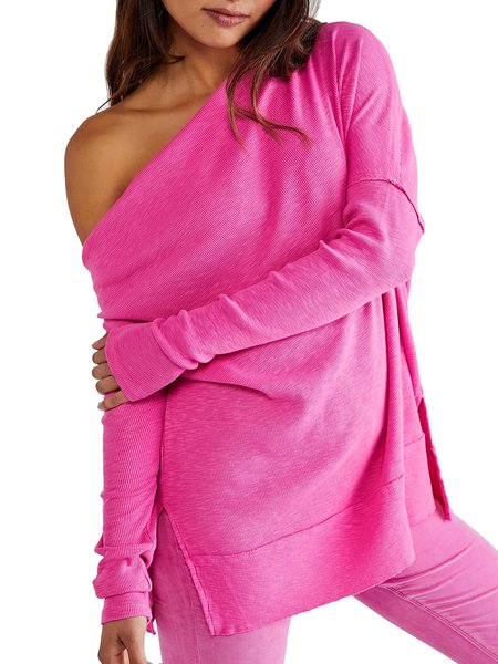 

Long sleeve Casual Daily Boat Neck Top, Rose red, Tees