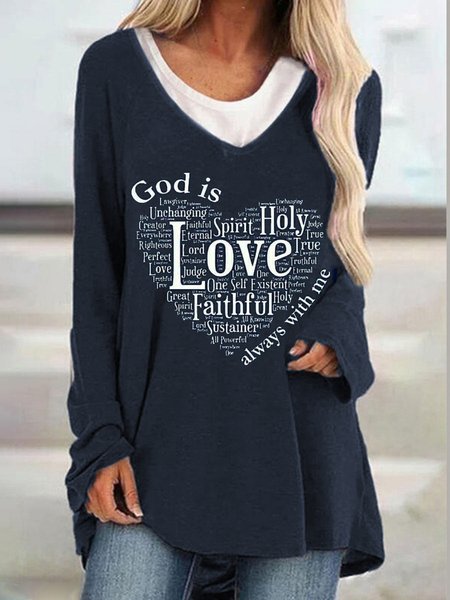 

Letters Love Printed Patchwork V Neck Casual Loosen Long sleeve tops, Dark blue, Tops