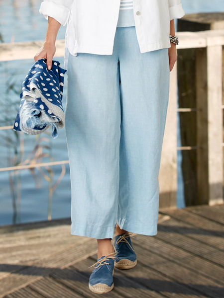 

Loosen Blue Elastic Waist Straight Leg Solid Ninth Pants, Pants