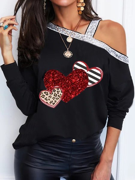 

Plus Size Casual Heart Loosen Long Sleeve Shirts & Tops, Black, Tops