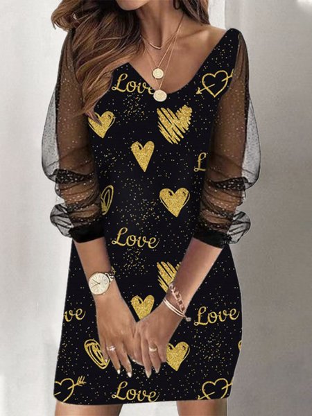 

See-Through Look Loosen Heart Dresses（Not sequins but prints）, Black, Mini Dresses