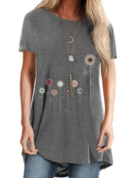 

Casual loose floral print short sleeve round neck T-shirt women, Gray, T-Shirts