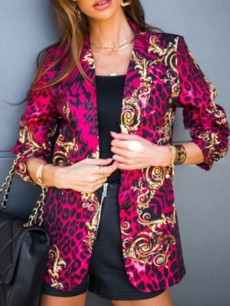 

Elegant Flat Collar Slim Fit Leopard Printed Blazer, Rose red, Blazers
