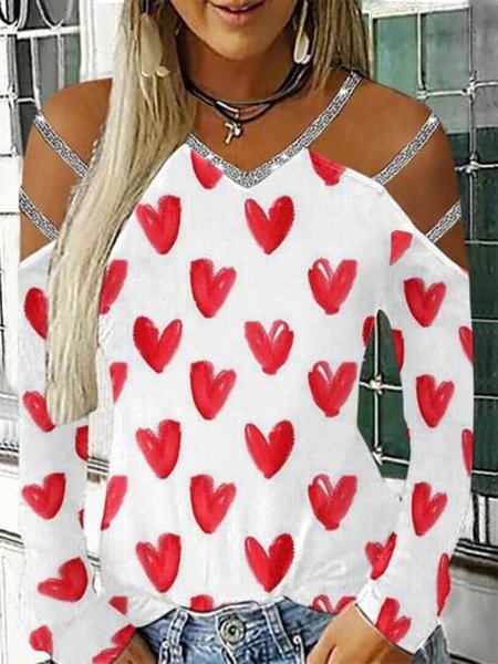 

Love Printed V Neck Sequins Casual Shirts & Tops, White, T-Shirts
