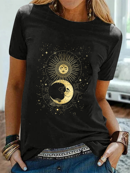 

Loosen Crew Neck Star Short Sleeve T-shirt, Black, T-Shirts