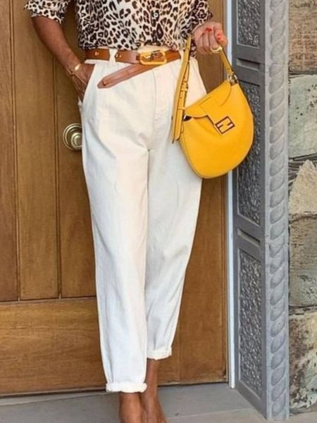

Casual Regular Fit Plain Pants, White, Pants