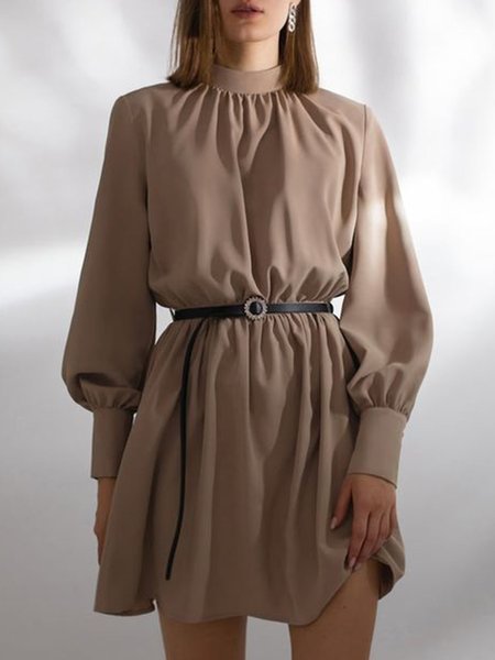 

Elegant Plain Stand Collar Mini Dress, Brown, Mini Dresses
