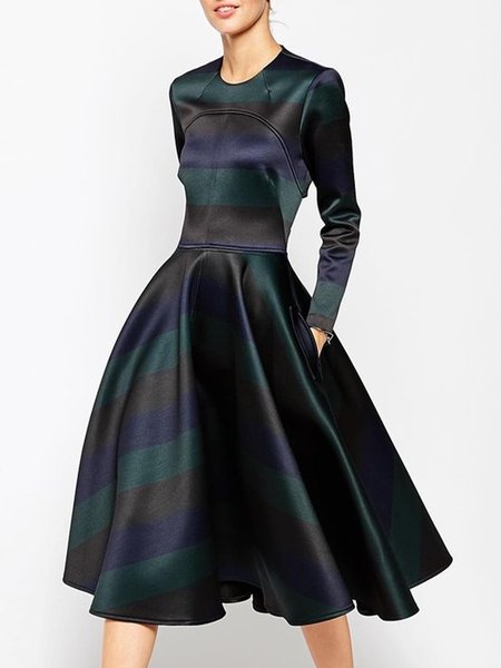 

Elegant Striped Slim Fit Crew Neck Dress, Green, Midi Dresses