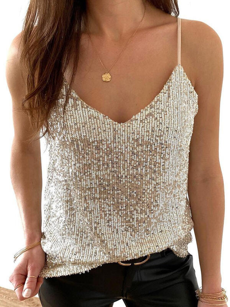 

Spaghetti Casual Sequins Shirts & Tops, Champagne, Blouses & Shirts