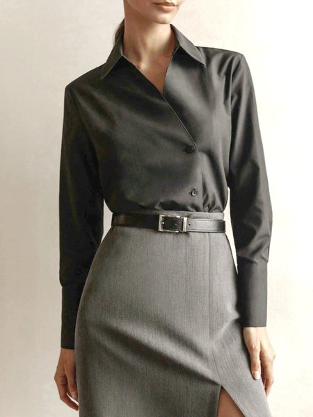 

Shirt Collar Plain Regular Fit Work Top, Black, Blouses and Shirts