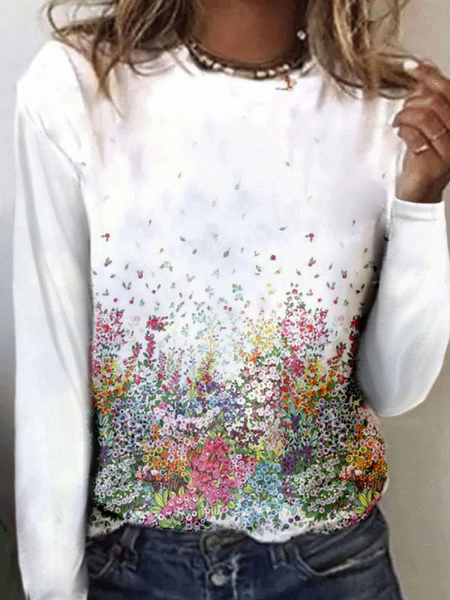 

Floral Printed Regular Fit Crew Neck Cotton Blends Casual Vacation Long Sleeve T-shirt, White, Tops