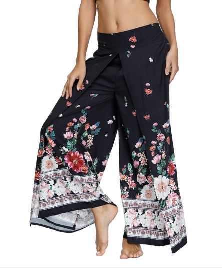 

Floral Print Loosen Casual Pants, Black, Pants