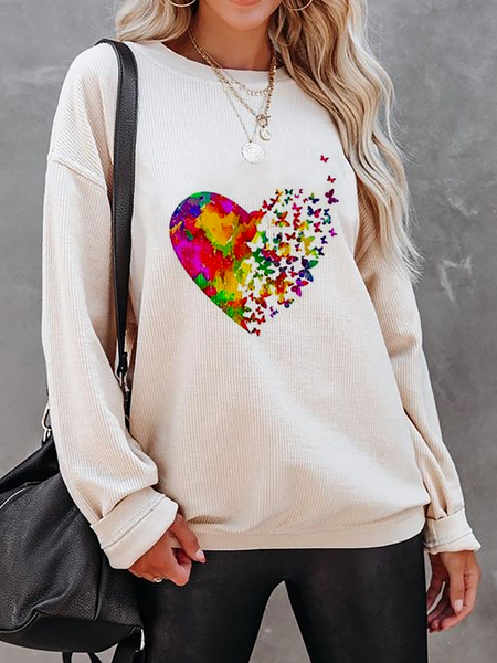 

Heart Printed Casual Long Sleeve Shirts & Tops, As picture, T-Shirts