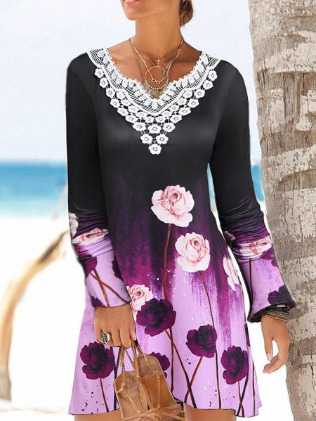 

Vacation Floral V Neck Regular Fit Dresses, Multicolor, Mini Dresses