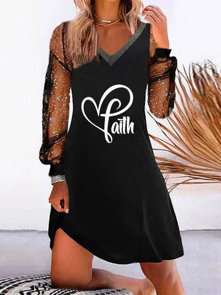 

Long Sleeve Love Heart Faith Mesh V Neck Plus Size Casual Dresses, Black, Mini Dresses