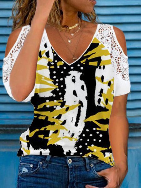 

Geometric V Neck Shirts & Tops, White, Tops