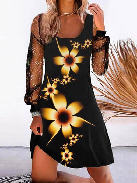 

Floral Printed Sequins Casual U-neck A-line Dresses, Black, Mini Dresses