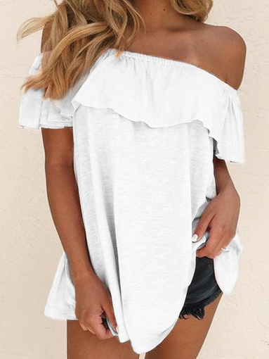

Casual one-shoulder lotus leaf lace short-sleeved solid color T-shirt, White, T-Shirts