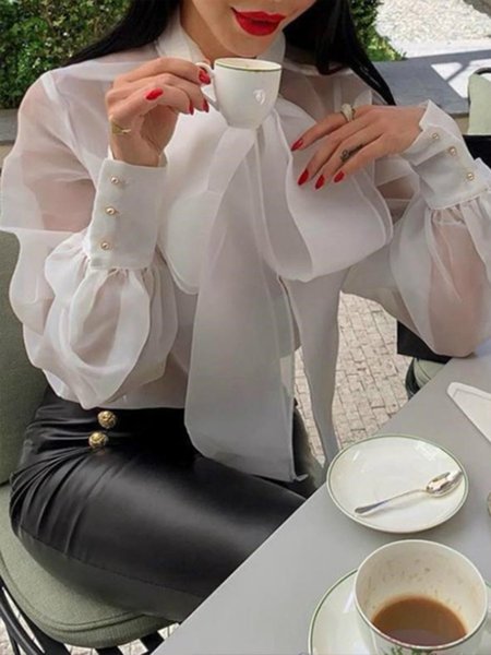 

Date Holiday Organza Plain Tie Neck Top, White, Blouses and Shirts